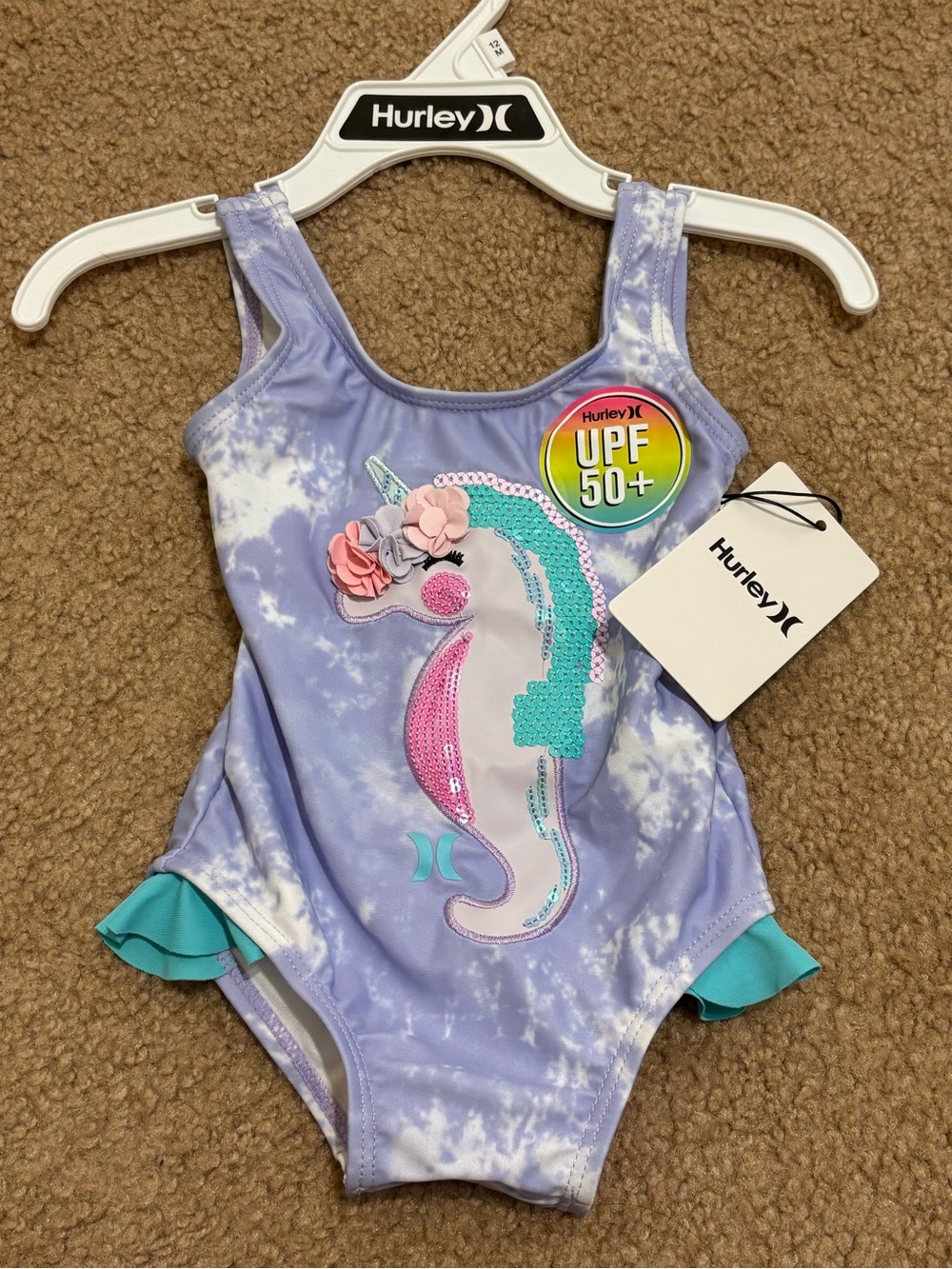 Hurley Lavender Tie-Dye Unicorn One-Piece with Teal Ruffle Accents